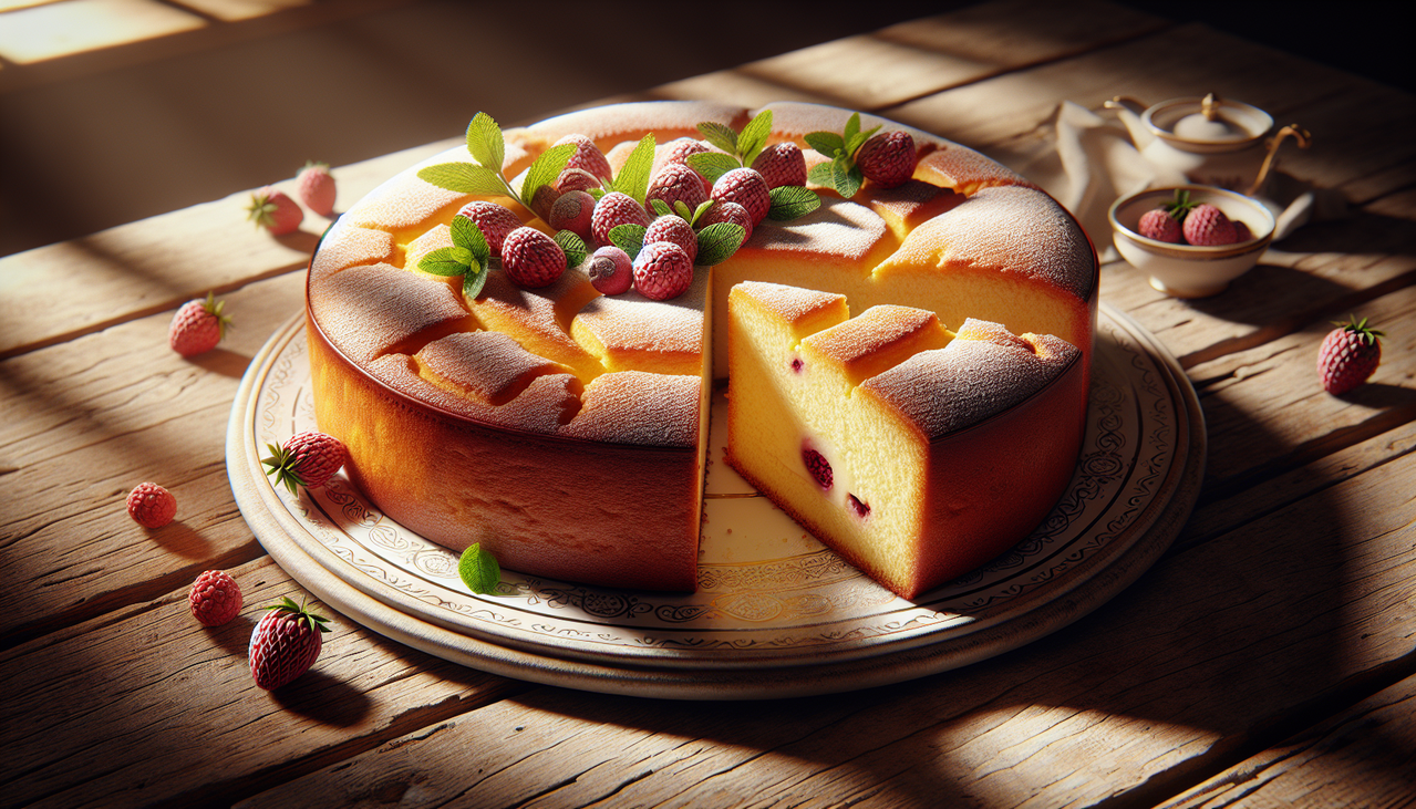 Gâteau Quatre-quarts frais sur table en bois vintage, avec soleil doré, décors fins.