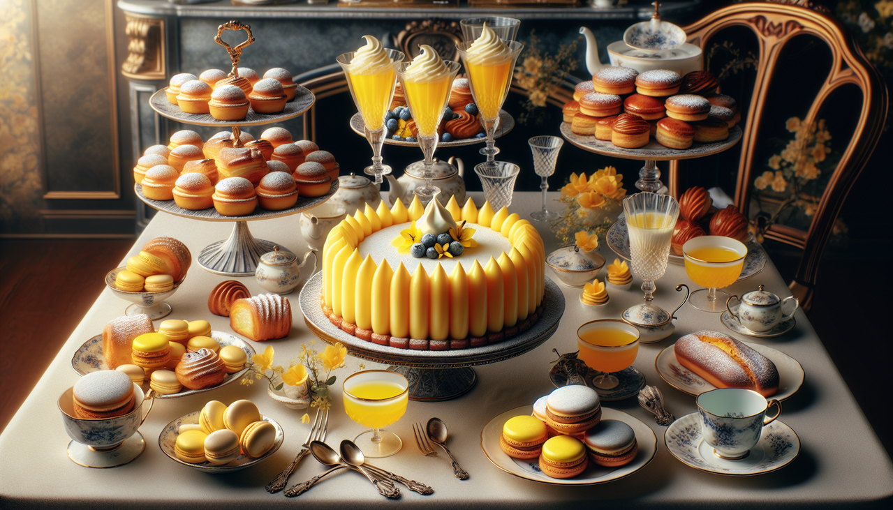 Gâteau jaune style Y, pâtisseries françaises variées, macarons yuzu brillants.